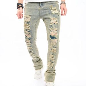 Jeans masculinos vintage angustiado elegante homens skinny biker calças buracos estiramento sólido masculino jogging slim denim calças