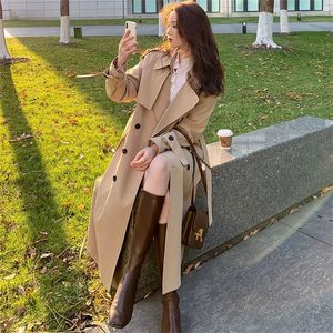 Streetwear Loose Trench Coat Midi Length Fashion Korean Elegant Khaki Black Womens Windbreaker Casual Double Breasted Tops 240301