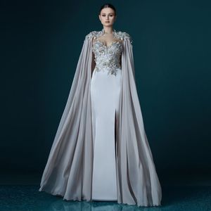 New Elegant Gray Chiffon Long Cloak Lace Appliques Straight Evening Dress Vestidos Prom Lady Maxi Gown Flowing Event Celebrity Lon253M