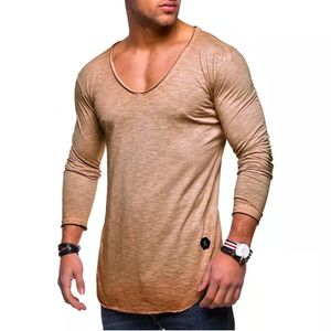 Spring Autumn Men Tshirt Casual Long Sleeve Fitness Bodybuilding Solid Sexig Vneck T Shirts Male Clothing Tees 240307