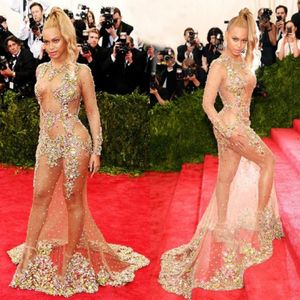 Glamorous Beauty Beyonce Celebrtiy Dresses 2017 Stylish Sheer Beaded Nude Naked Mermaid Evening Dresses Sexy Long Sleeve Red Carpe234u