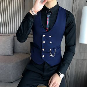 Västar 2023 Slim Fit Men Vest med dubbelbröst en stycke Anpassad manlig kostym Wasitcoat Peaked Lapel Wedding Gromsmen Midjebelägg Nytt