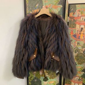 2023 Winter New Haining Car Stripe Short Style Slim Raccoon Dog Fox Fur Grass Coat For Women And Youth 761362