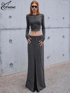 Arbeitskleider Oymimi Casual Slim Grau Frauen Zweiteiliges Set Mode O-Ausschnitt Langarm Crop Tops und gerade Schlitz bodenlangen Rock weiblich