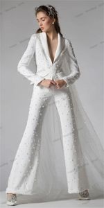Conjunto de ternos femininos de pérolas de luxo para casamento, smoking, 2 peças, blazerflare, calças, vestido de baile formal, jaqueta personalizada, trajes 240226