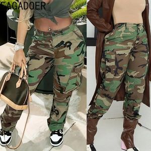 Calças femininas fagadoer moda camuflagem impressão bolso carga mulheres cintura alta botão solto calças casuais feminino esporte combinando bottoms