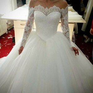 ZJ9151 مثير فستان الزفاف عالي الجودة 2021 كرات ثوب أنيقة أبيض العاج عاج طويل الأكمام فساتين العروس الدانتيل أسفل 2734