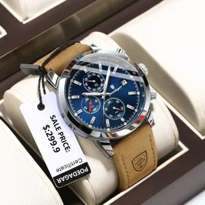 POEDAGAR Luxury Wristwatch for Man Waterproof Luminous Chronograph Date Men Watch Sports Leather Mens Quartz Watches Male reloj 240227