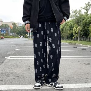 Harajuku fahion impressão cordão casual veludo calças largas dos homens hip hop em linha reta sweatpants masculino calças soltas 240304
