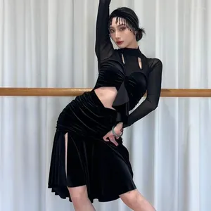 Scenkläder sexiga latinska dankläder kvinnor vuxna långa ärmar leotard toppar svart kjol prestanda dräkt rumba salsa dancewear nv19666