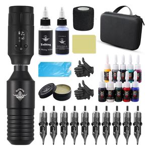 Drahtlose Tattoo Maschine Komplettset Rotaty Einstellbare Geschwindigkeit Wasserdichte Tattoo Batterie Stift Set Patronen Nadel Für Körper Kunst 240227