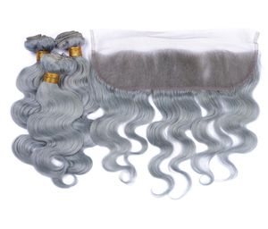 9a cabelo humano cinza prateado peruano 3 pacotes com renda frontal 13x4 onda corporal pura cor cinza virgem cabelo peruano com frontais 4p1272909