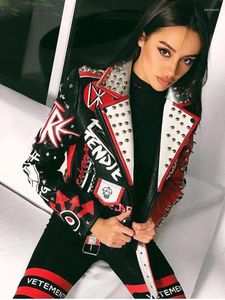 Women's Jackets Fashion Pu Leather Coats Women Cartoon Print Jacket Turn-Down Collar Punk Rock Cropped Faux Coat