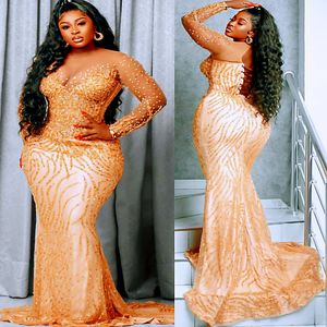 2024 ASO EBI Mermaid Gold Prom Dress Sheer Neck Beaded Evening Formal Party Second Reception 50th Birthday Engagement Gowns Dresses Robe de Soiree ZJ142