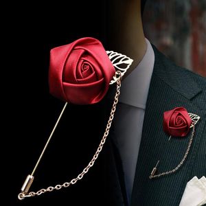 Men's Costumes Gold Leaves Roses Brooches Corsage Flowers Long Needle With Chain Handmade Lapel Brooches Pin 2483