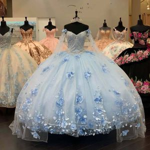 Ljusblå långa ärmar quinceanera klänning med 3D applicerad från axel -tävlingsklänningar vestidos de 15 a OS255L