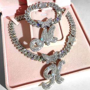 2Pcs Iced Out Butterfly Initial Cuban Necklace Bracelet For Women Rhombus Cuban Link Chain Cursive Letter Necklace Set Jewelry 240228