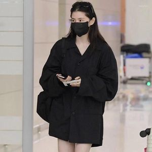 レディースブラウスkpop韓国han so heeファッションブラックロングシャツ女性y2k春の夏ルーズストリートスリーブレディセクシーなボタントップ