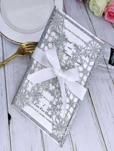 Silver Snowflake Laser Cut Wedding Invitations with Ribbon Glittery Protects for Bridal Brunch Quinceanera Party 2360123