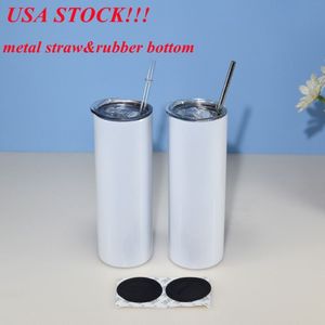 Local warehousesublimation tumbler 20oz straight tumbler with metal straw rubber bottom blank skinny cup stainless steel mug US 197R