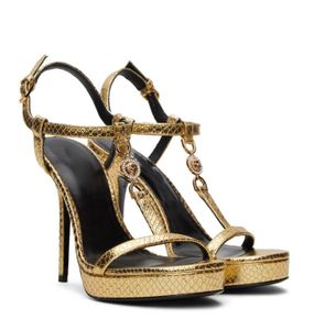 Summer Luxury Medusai 95 Patent Leather Sandals Shoes Women Gold-Goldware Hardware Buckle Coled Strap High Cheels Lady Party Wedding Sandalias with box