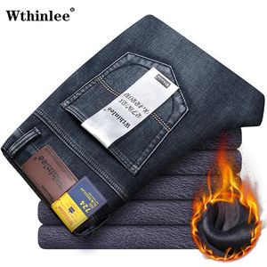 Inverno térmico quente flanela estiramento jeans dos homens qualidade famosa marca calças de lã em linha reta reunindo calças denim jean 240227