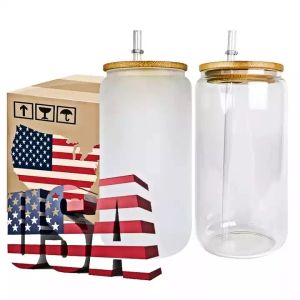 EUA CA STOCK Garrafas de água 16 onças Canecas de vidro de sublimação Copos em branco com tampa de bambu Lata de cerveja fosca Copos Globo de neve Tumbler Mason Jar Plástico palha