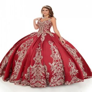 Designer Red Ball Gown Quinceanera Dresses Spaghetti Beaded Keyhole Back Party Pageant Dress For Sweet 16 Girls3445