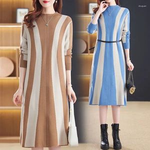 Casual Dresses Women Striped Patchwork Knit Dress 2024 Autumn Winter Clothes Fashion Elegant O-neck Knee-length Female Bottom Sweater