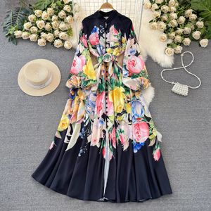 Abiti casual Primavera Vacanza Fiore Abito di lino Donna Stand manica lunga lanterna Stampa floreale Cintura monopetto Party Maxi Abiti 2024