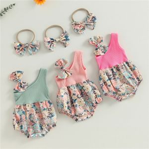 Verão nascido infantil bebê menina macacão bonito floral um ombro macacão criança roupas e estiramento bandana 240307