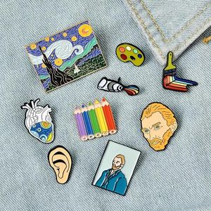 Broches pintor de gênio por atacado van gogh pinos pincel arte de pintura de pintura a óleo camisa de lapela jóias para amigos