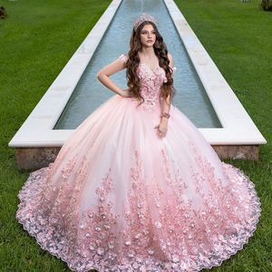 Pembe quinceanera elbise 2024 Tutkuk kapalı omuz aplikleri dantel tull doğum günü prenses elbiseleri vestidos de 15 anos