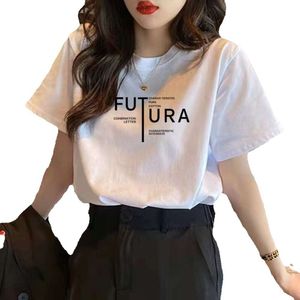 Nova camiseta feminina com tendência casual verão branco base solta e versátil, 100% algodão puro manga curta estilo minimalista instagram