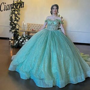 Mint Green Glitter Crystal Beading Ball Gown Quinceanera Dresses Off the Shoulder Appliques Lace Corset Vestidos De 15 Anos