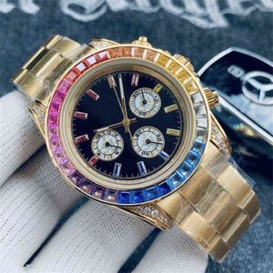 huiya06 드롭 남자 시계 석영 운동 시계 40mm 강철 다채로운 무지개 다이아몬드 베젤 사파이어 방수 225q