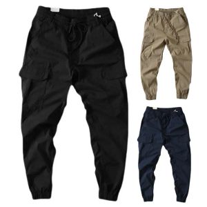 Safari Style Cargo Pants for Men Solid Color Drawstring Elastic Waist Ankle-banded Jogger Trousers