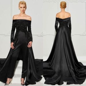2022 Black Lace Jumpsuits Evening Dresses With Detachable Train Off The Shoulder Beaded Formal Gowns Long Sleeves Sequined Prom Dr241k