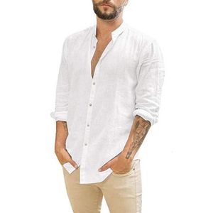 Bomullslinne Mens LongSleeved Shirts Summer Solid Color Standup Collar Casual Beach Style Plus Size 240312