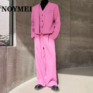 Suits Noymei Spring Casual Pink False Two Pieces Short Blazer Straight Wide Leg Trousers Men's Fashion Bright Color Set 2024 WA3623