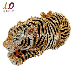 Whole- Stylish Animal Tiger Diamond Evening Bag Gold Luxury Diamante Crystal Clutch bag Wedding elegant bride Party banquet Pu263m