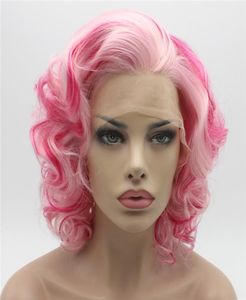 Iwona Hair Wavy Short 24 Pink Mix Wig Half Hand Tied Heat Resistant Synthetic Lace Front Wig8238614