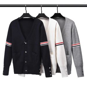 Men's Sweaters Wool Sweater 4 Bar Stripes Floral Cardigan V-neck Korean Casual