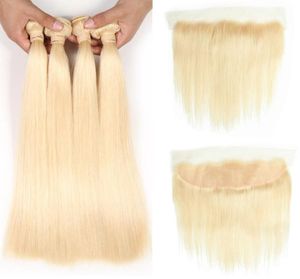 Brazylijskie dziewicze włosy jedwab proste 4 wiązki z zamknięciem 613 Blond Hair Bundle z czołowym ucha do ucha koronkowe przednie brazylijskie V8681010