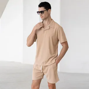 Conjuntos de camisa de férias masculinas Waffle Leve Respirável Casual Cubano Pescoço T-shirt Verão Cintura Elástica Shorts Conjunto de duas peças