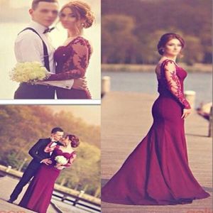 2021 Evening Dresses Wear Sexy Mermaid Lace Long Sleeves Sweetheart Illusion Grape Dark Red Burgundy Open Back Bridesmaid Party Pr293k