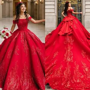 Rotes Ballkleid mit Perlen besetzte Quinceanera-Kleider, Spitzenapplikationen, Ballkleider, Pailletten, schulterfreier Ausschnitt, Tüll, Sweet-15-Maskeradekleid