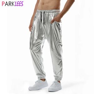 Byxor mens silver metallisk glänsande jogger tröjor casual ficklast byxor män hip hop dance disco byxor fest prom streetwear