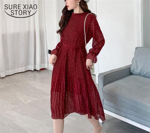Burgundy Vintage Women Dot Chiffon Dress Spring Long Sleeve Flare Sleeve Pleated Belt Elegant Midcalf Long Midi Dresses LJ2008241112608