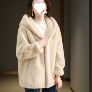 Haining Winter Women's 2023 New Environmental Friendly Fur Hooded Fury Mink Medium Length Coat 3948 y